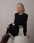 Ensemble en tweed noir à franges de perles