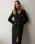 Robe midi élégante en tweed noir à boutons dorés