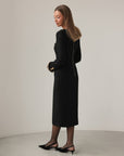 Robe midi élégante en tweed noir à boutons dorés