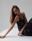 Romantic Floral Print Black Midi Dress