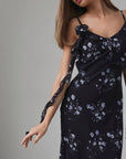 Romantic Floral Print Black Midi Dress