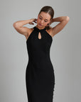 Vestido midi halter negro con abertura