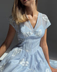 Elegant Blue Floral Embroidered Dress - Maelle Paris