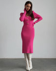 Robe midi côtelée fuchsia