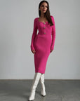 Robe midi côtelée fuchsia