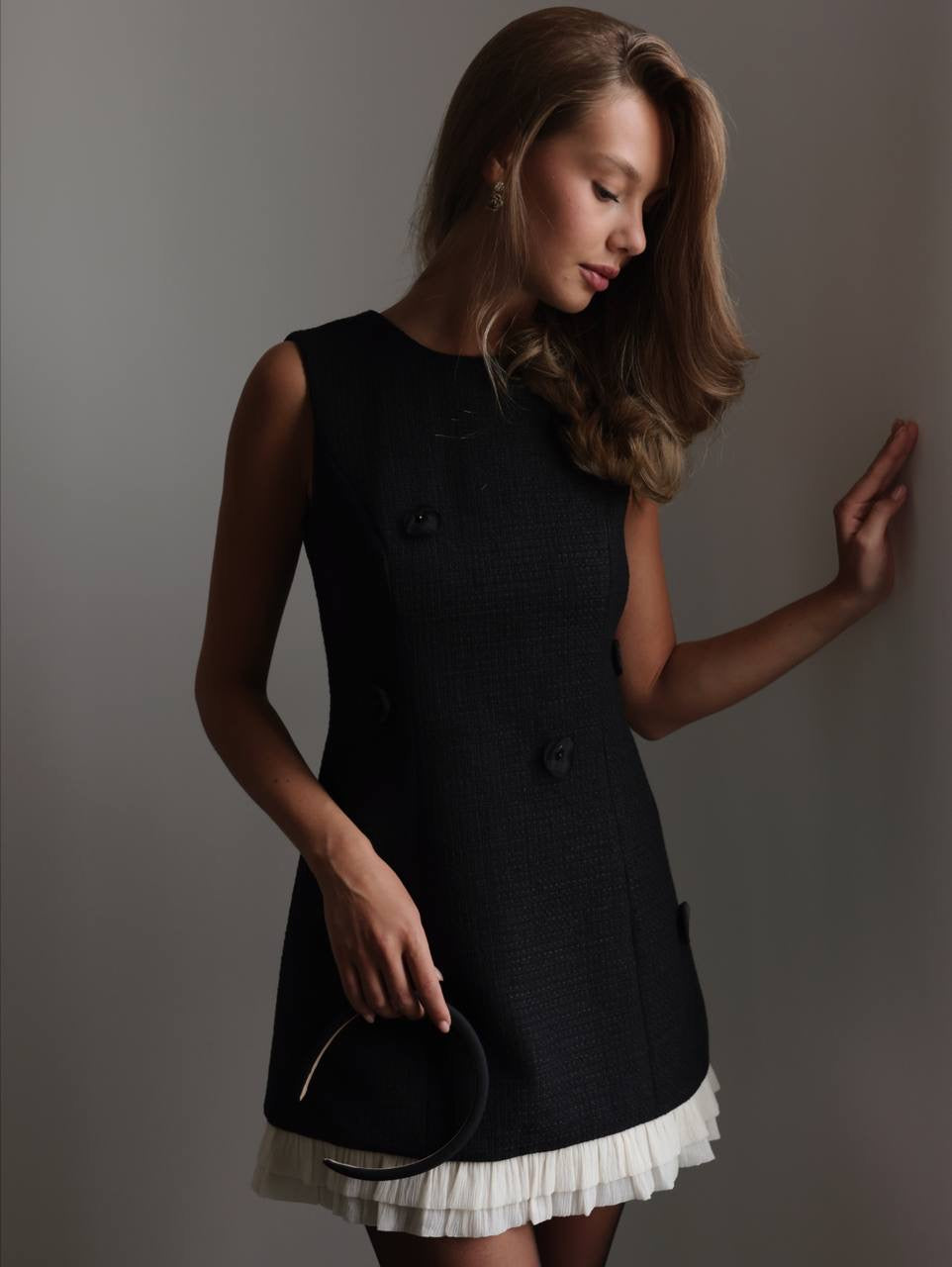 Elegant Charm Black Tweed Mini Dress