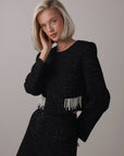 Ensemble en tweed noir à franges de perles