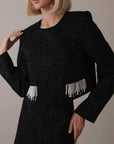 Ensemble en tweed noir à franges de perles