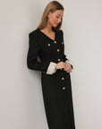 Robe midi élégante en tweed noir à boutons dorés