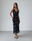Romantic Floral Print Black Midi Dress
