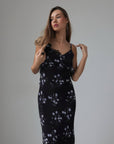Romantic Floral Print Black Midi Dress
