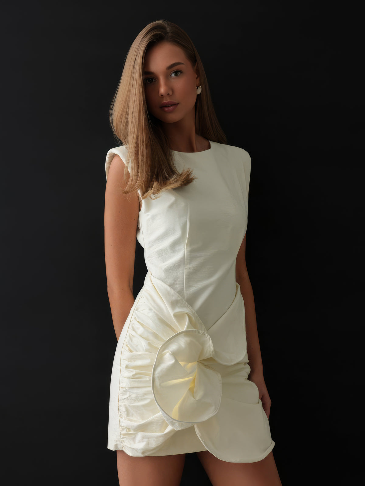 Sculptural Drape Detail White Mini Dress