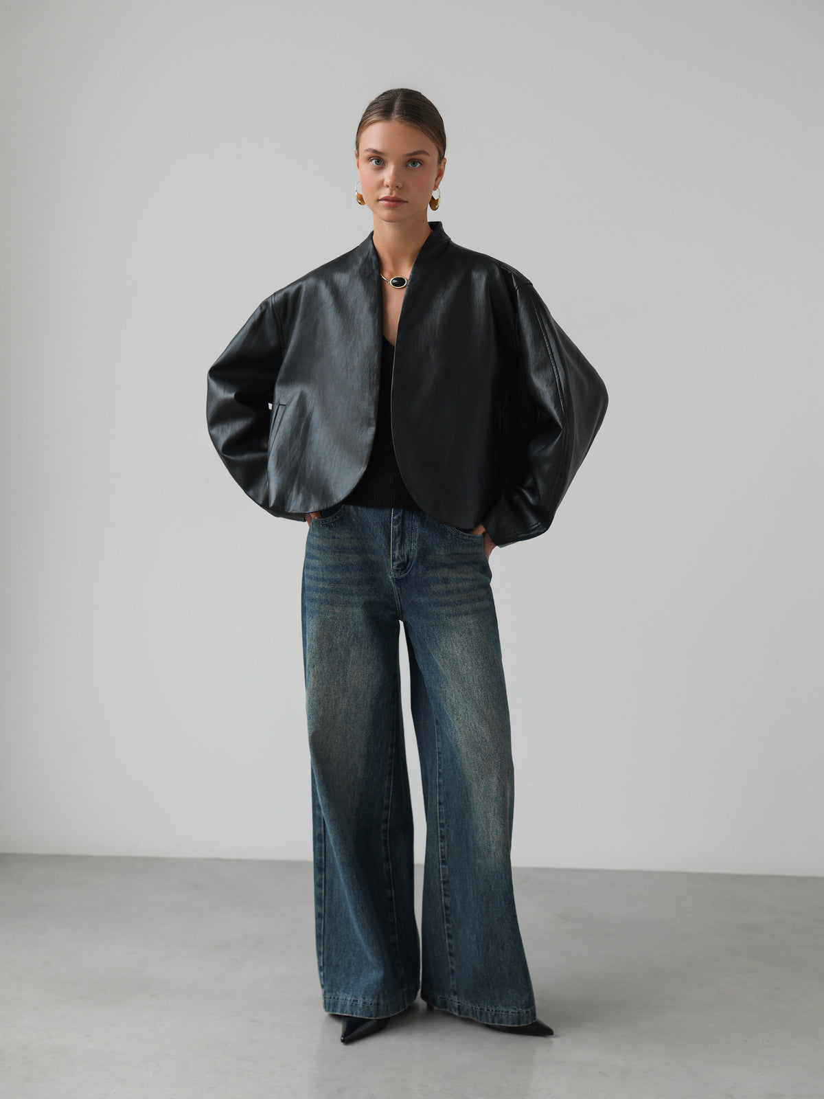 Veste en cuir drapée Minuit