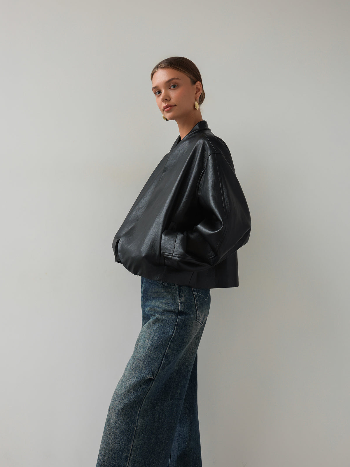 Veste en cuir drapée Minuit