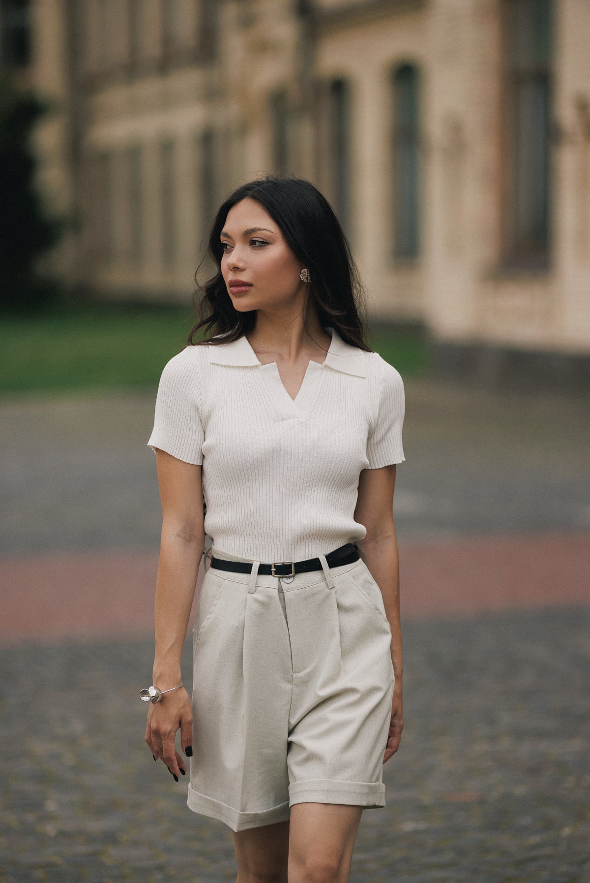 Cream Still Knit Polo Top