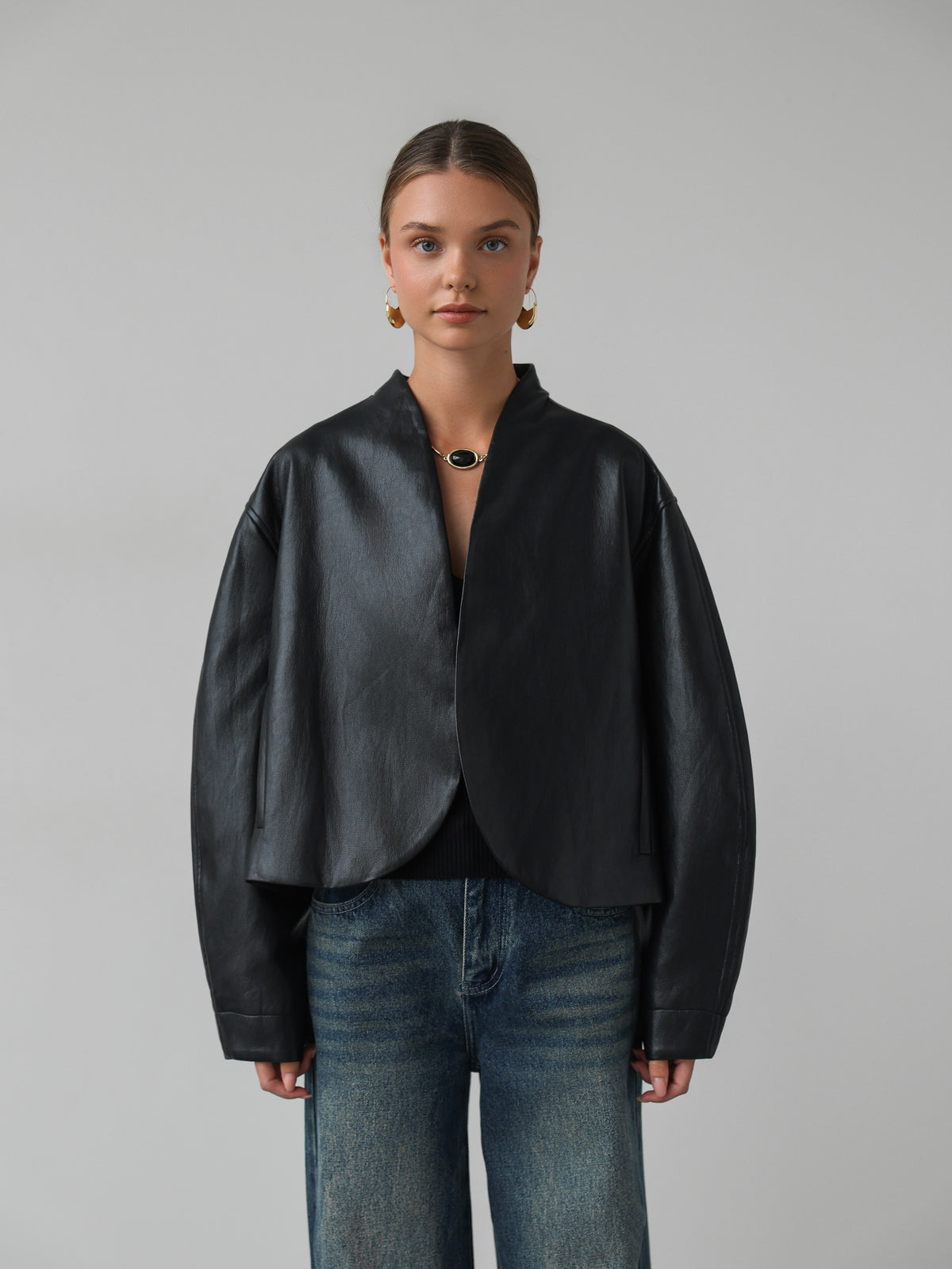 Veste en cuir drapée Minuit