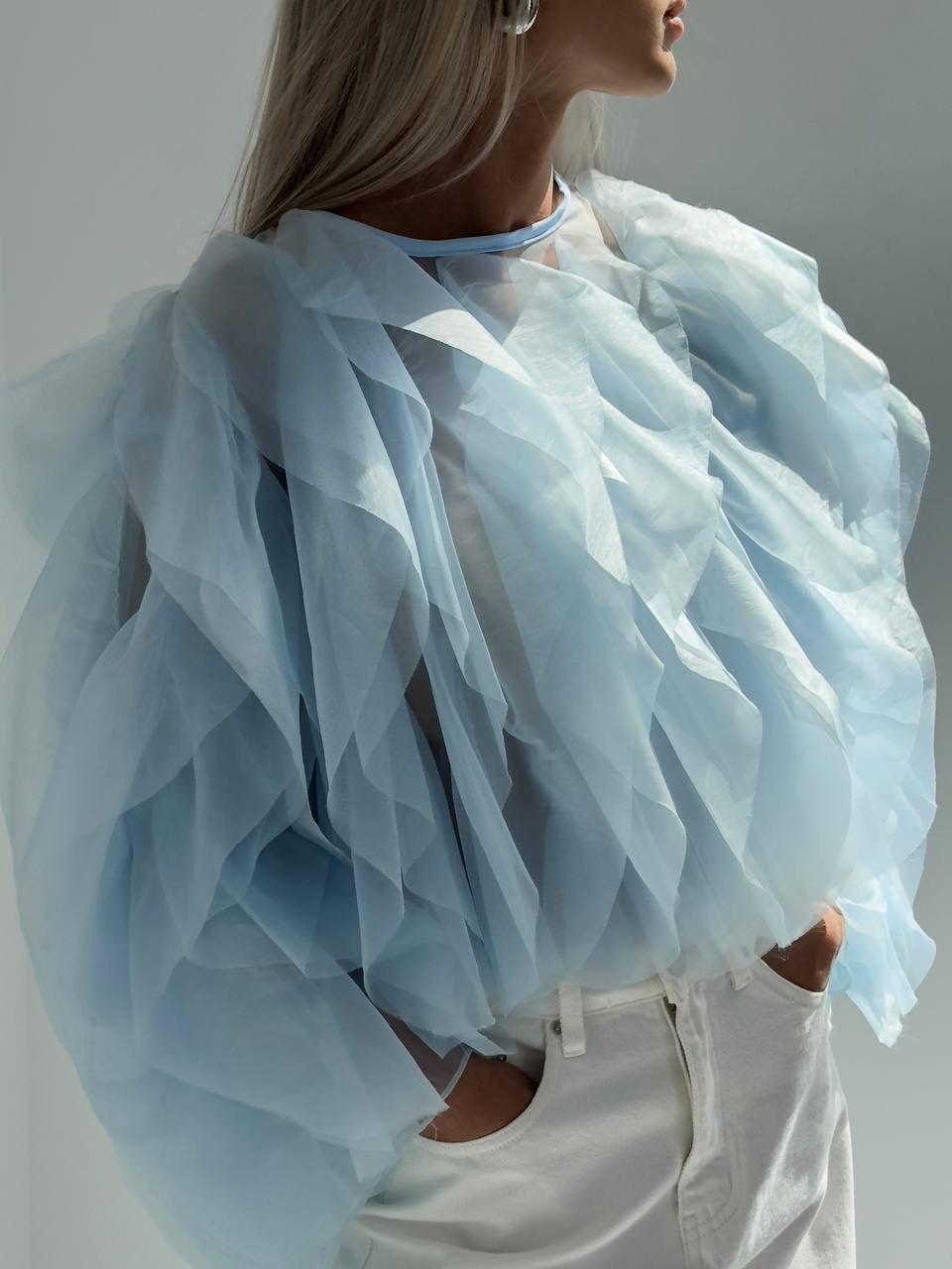 Elegant Blue Tulle Blouse - Maelle Paris