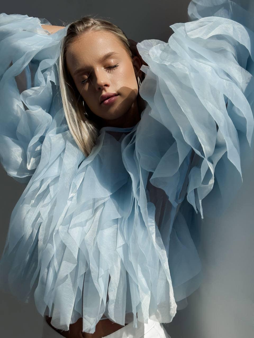 Elegant Blue Tulle Blouse - Maelle Paris