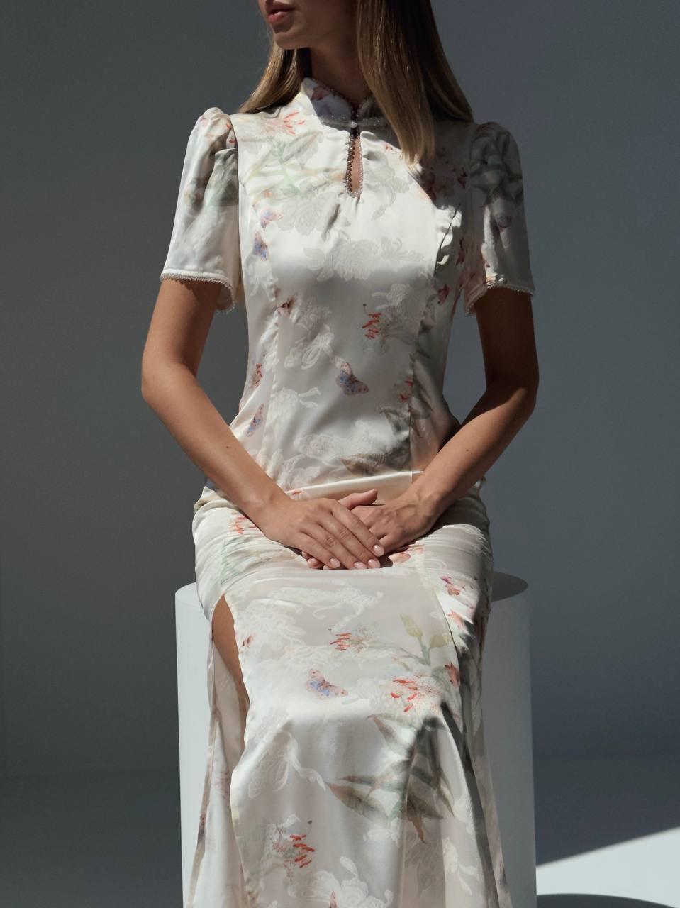 Elegant White Floral Print Dress - Maelle Paris
