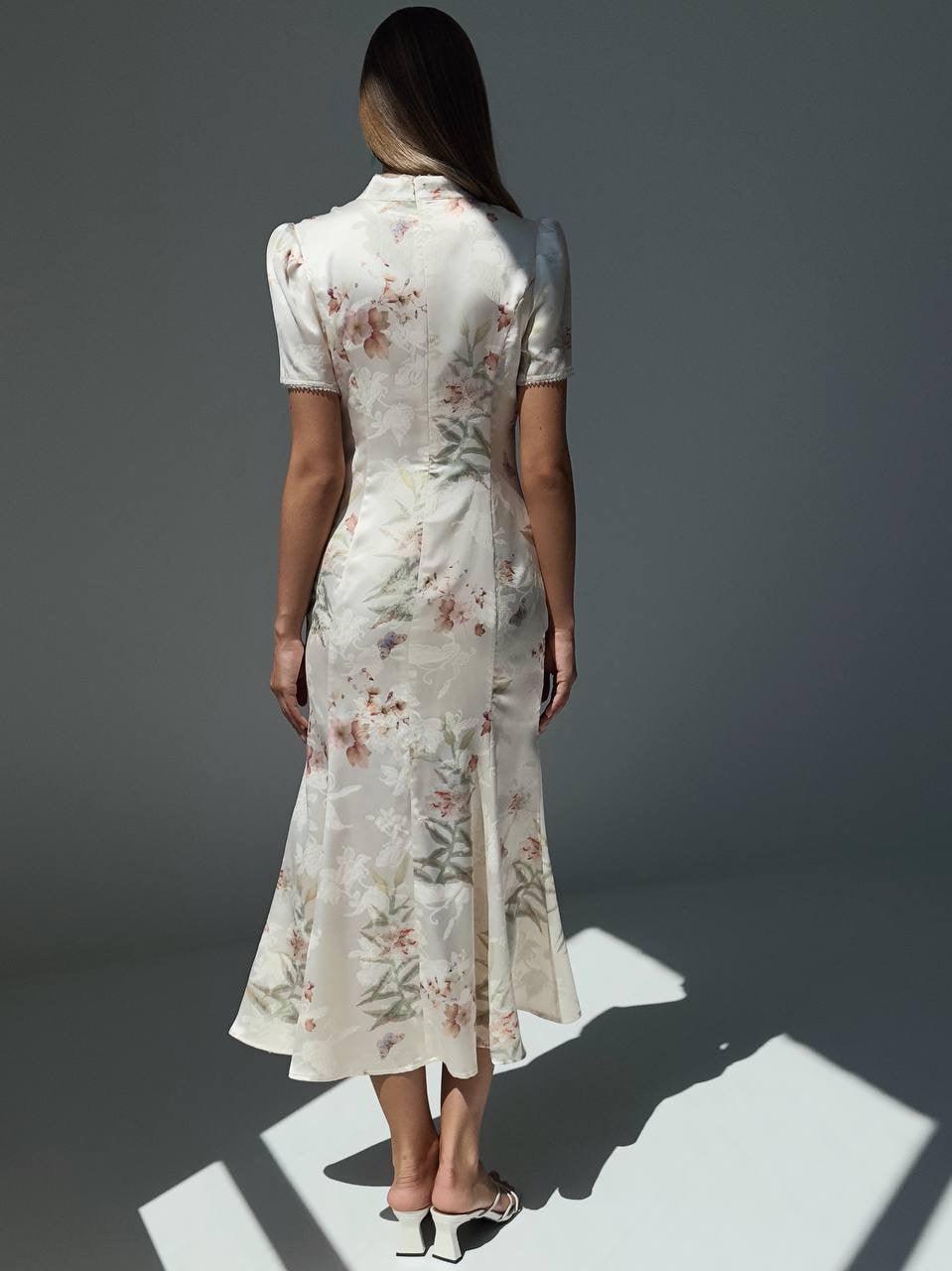 Elegant White Floral Print Dress - Maelle Paris