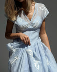 Elegant Blue Floral Embroidered Dress - Maelle Paris