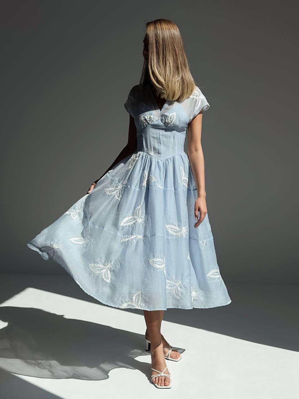 Elegant Blue Floral Embroidered Dress - Maelle Paris