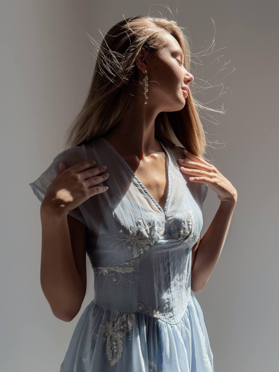 Elegant Blue Floral Embroidered Dress - Maelle Paris