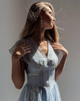 Elegant Blue Floral Embroidered Dress - Maelle Paris