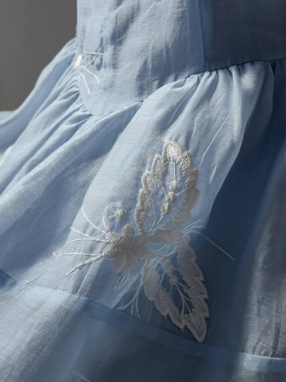 Elegant Blue Floral Embroidered Dress - Maelle Paris
