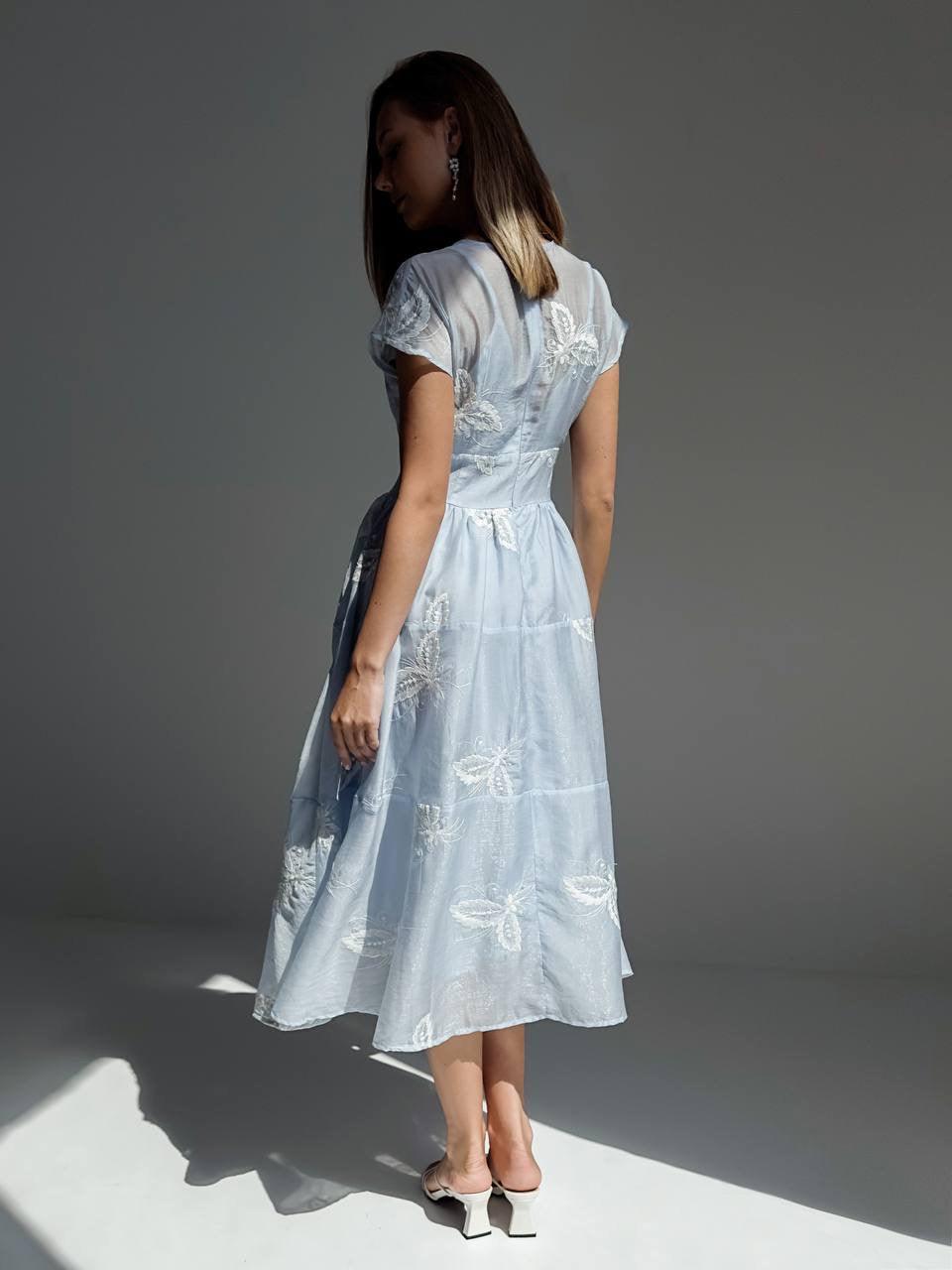 Elegant Blue Floral Embroidered Dress - Maelle Paris