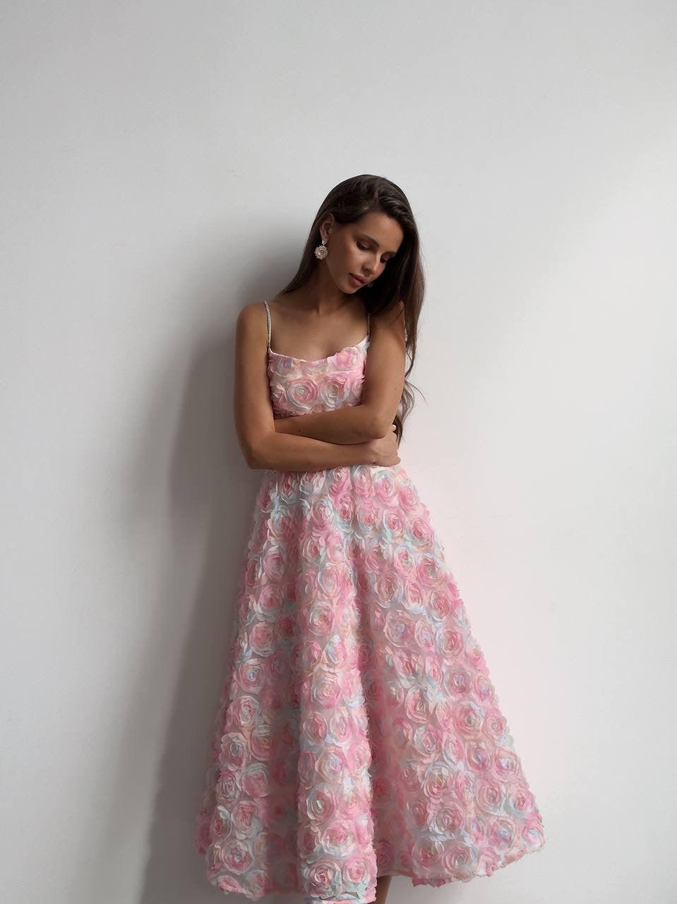 Elegant Floral Midi Pink Dress - Maelle Paris