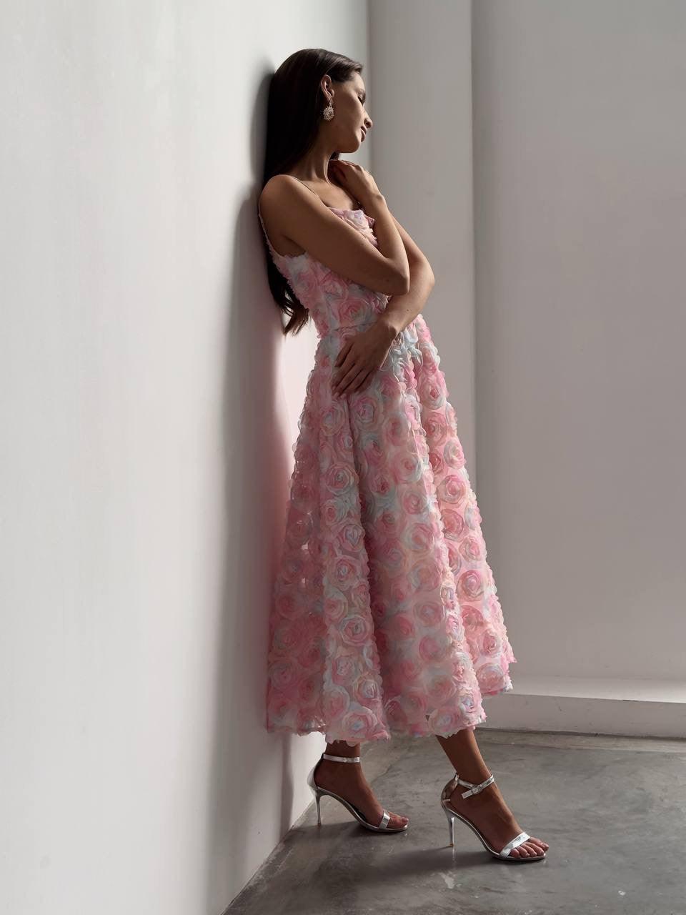 Elegant Floral Midi Pink Dress - Maelle Paris