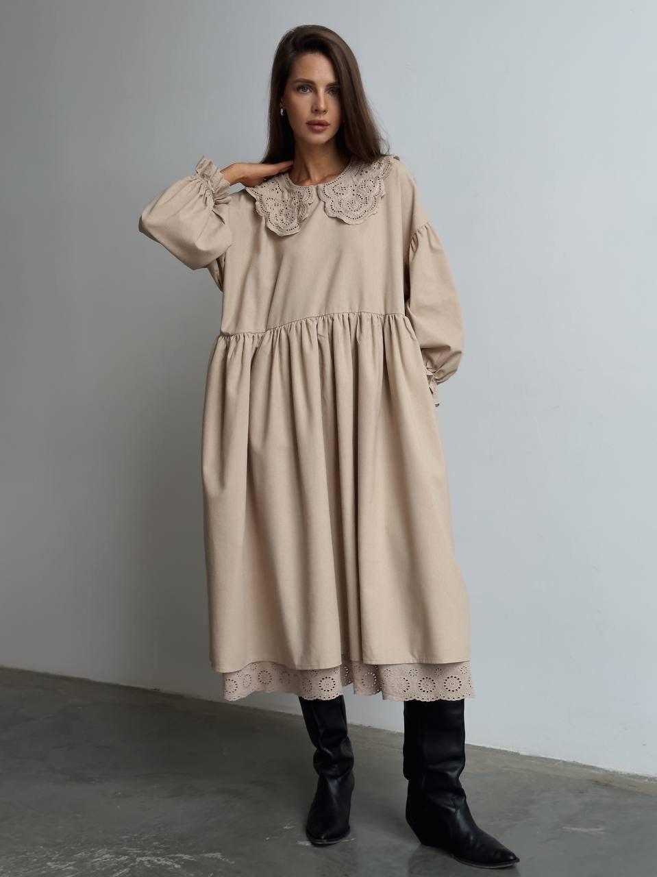 Beige Midi Dress with Lace Collar - Maelle Paris
