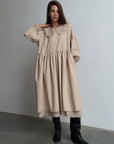 Beige Midi Dress with Lace Collar - Maelle Paris