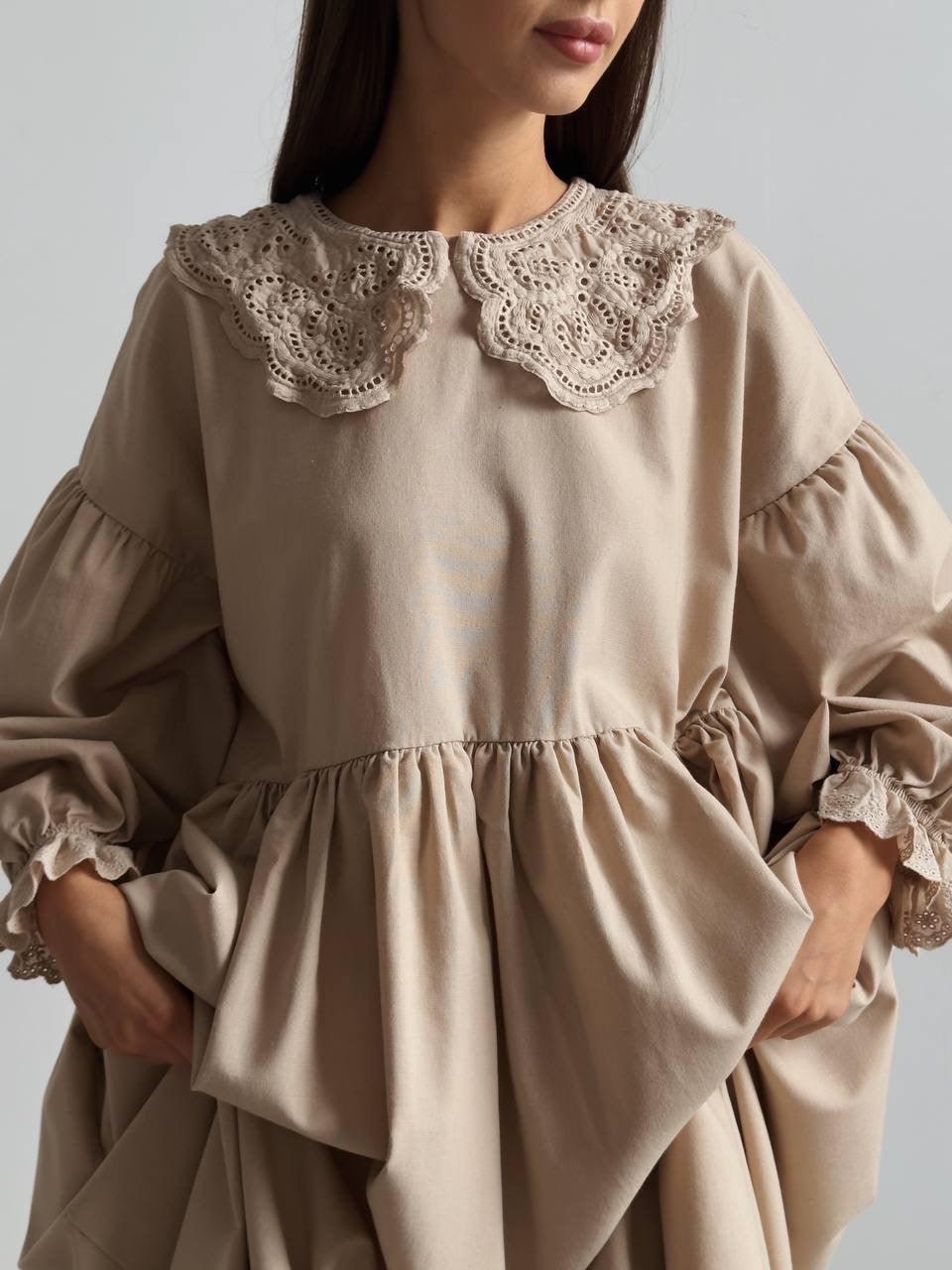 Beige Midi Dress with Lace Collar - Maelle Paris