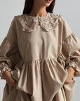 Beige Midi Dress with Lace Collar - Maelle Paris