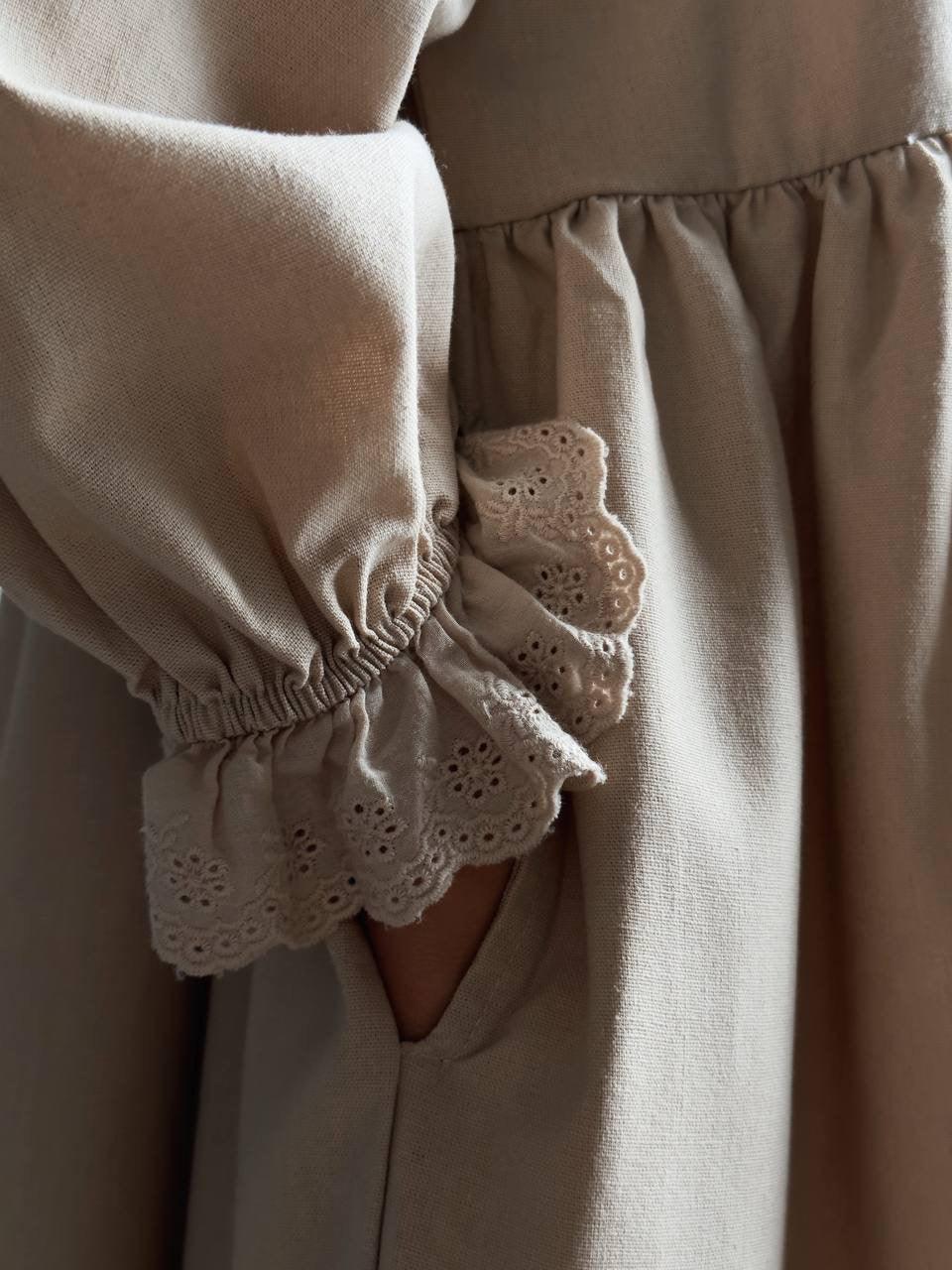 Beige Midi Dress with Lace Collar - Maelle Paris