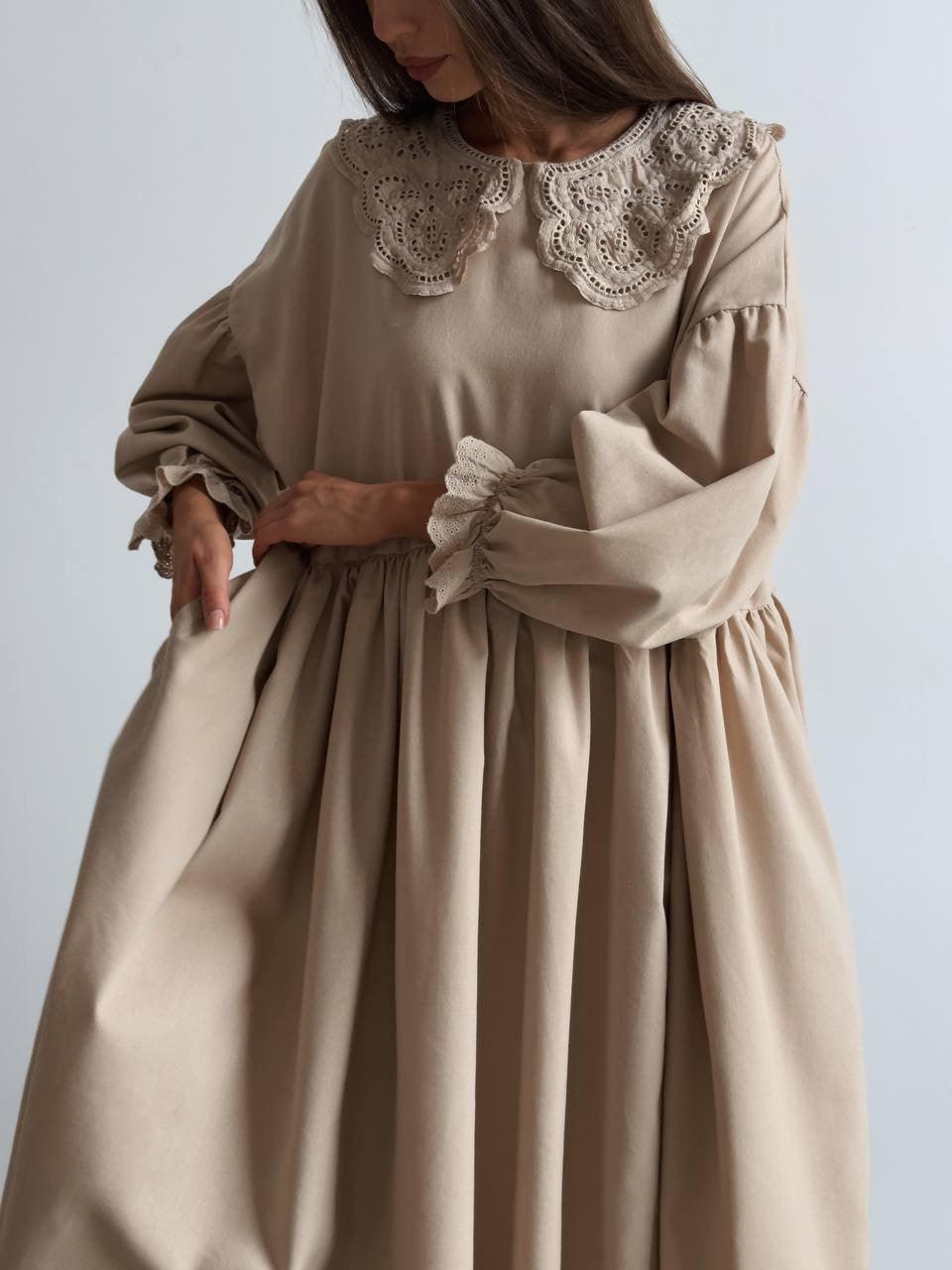 Beige Midi Dress with Lace Collar - Maelle Paris