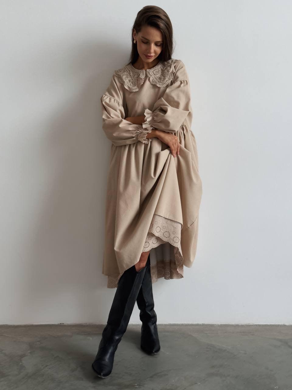 Beige Midi Dress with Lace Collar - Maelle Paris