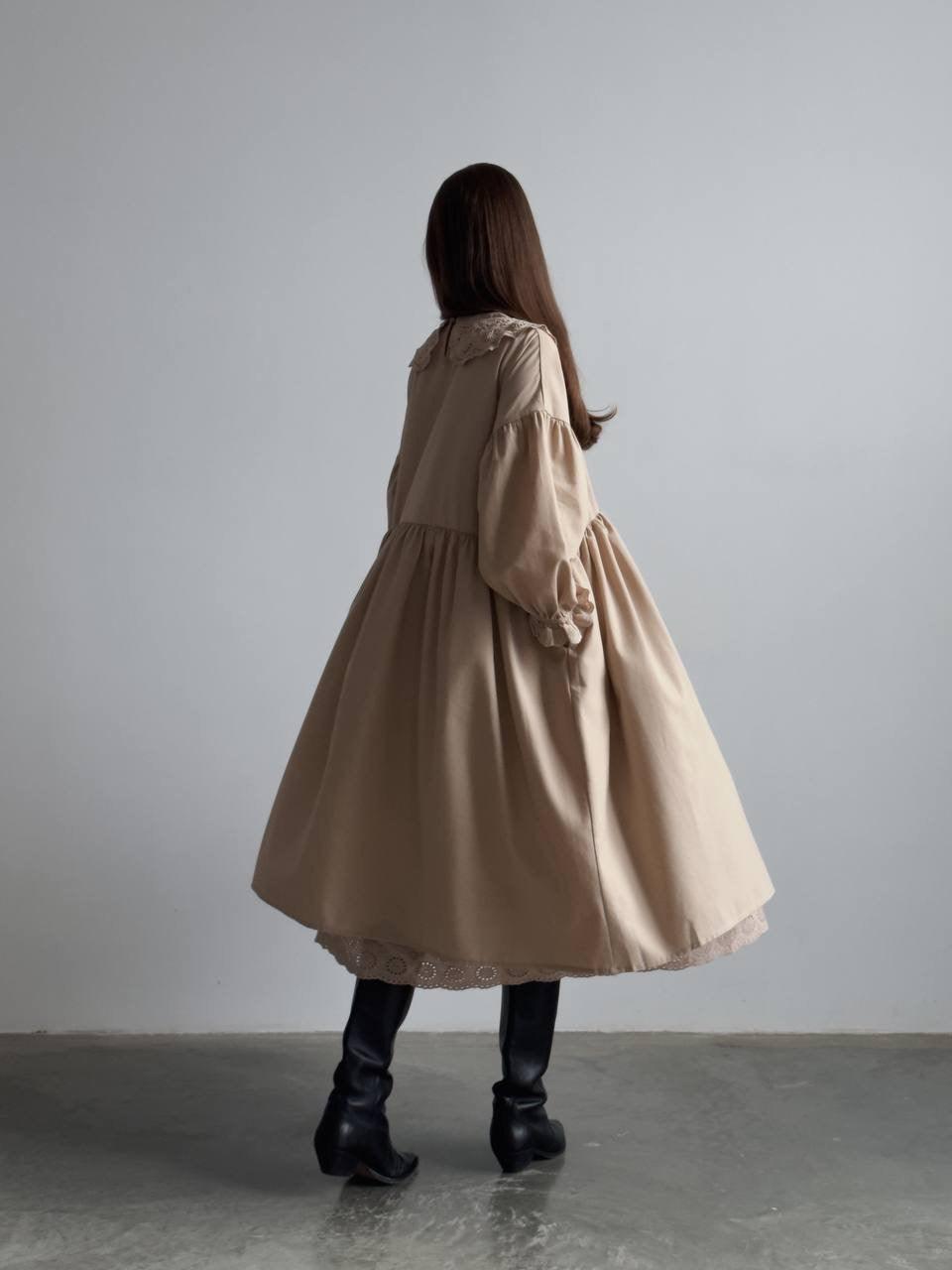 Beige Midi Dress with Lace Collar - Maelle Paris