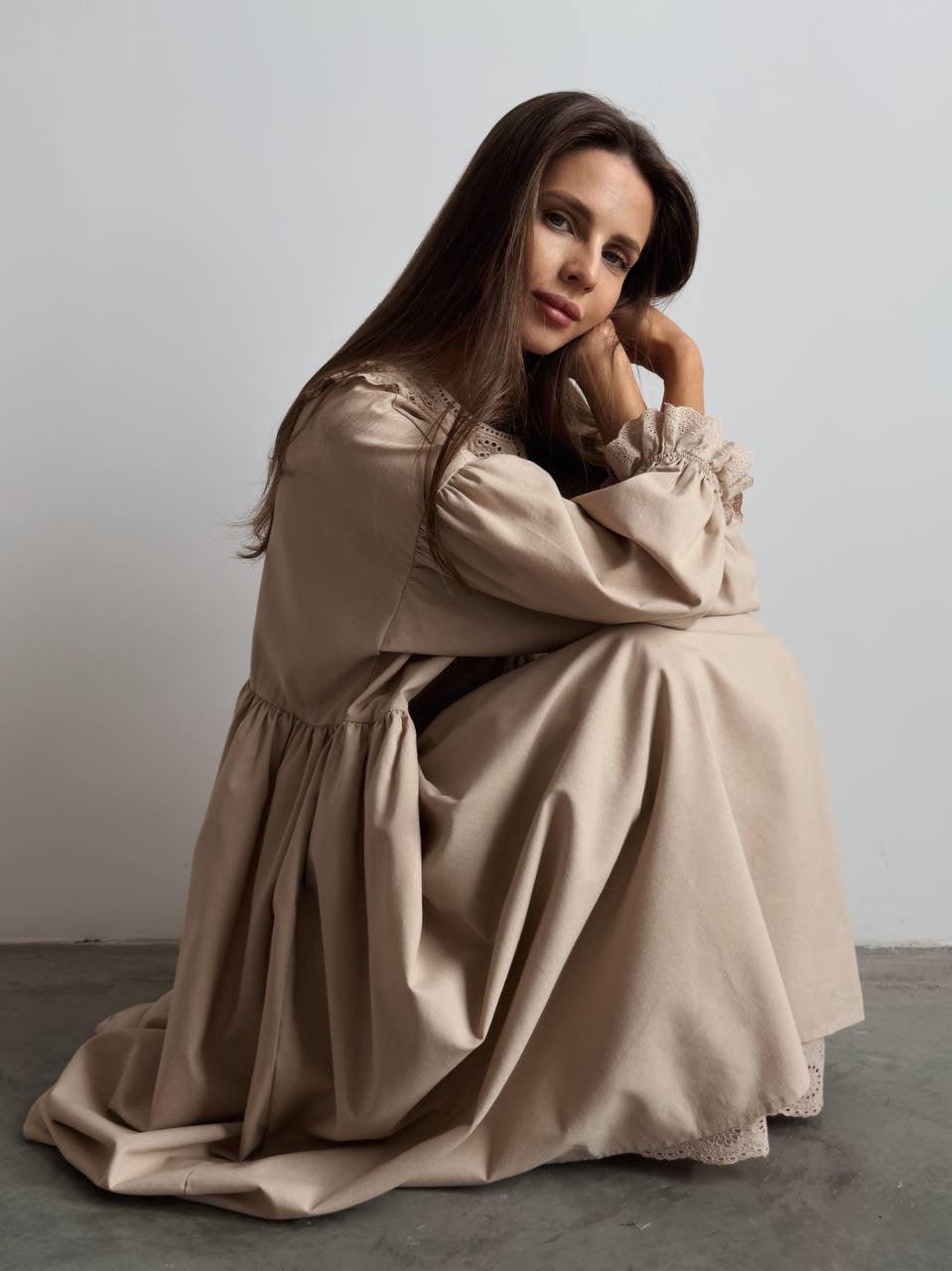 Beige Midi Dress with Lace Collar - Maelle Paris