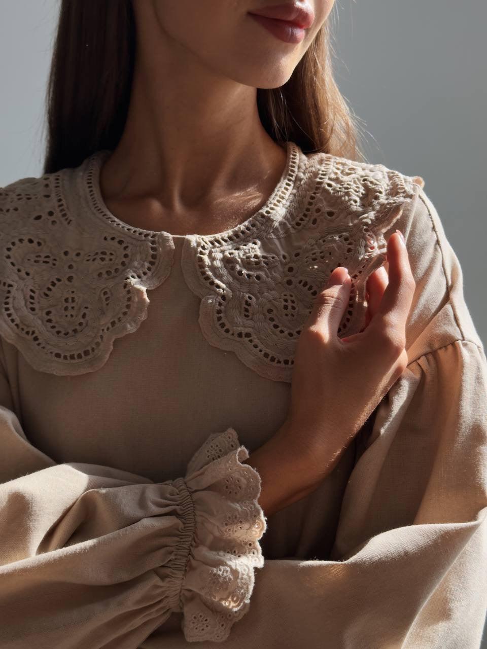 Beige Midi Dress with Lace Collar - Maelle Paris