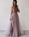 Elegant Embellished Tulle Evening Gown - Maelle Paris