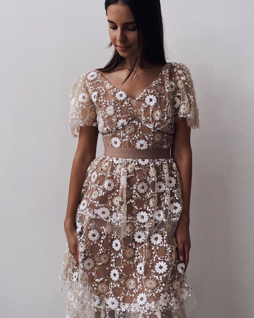 Floral Embroidered Tulle Midi Dress - Maelle Paris
