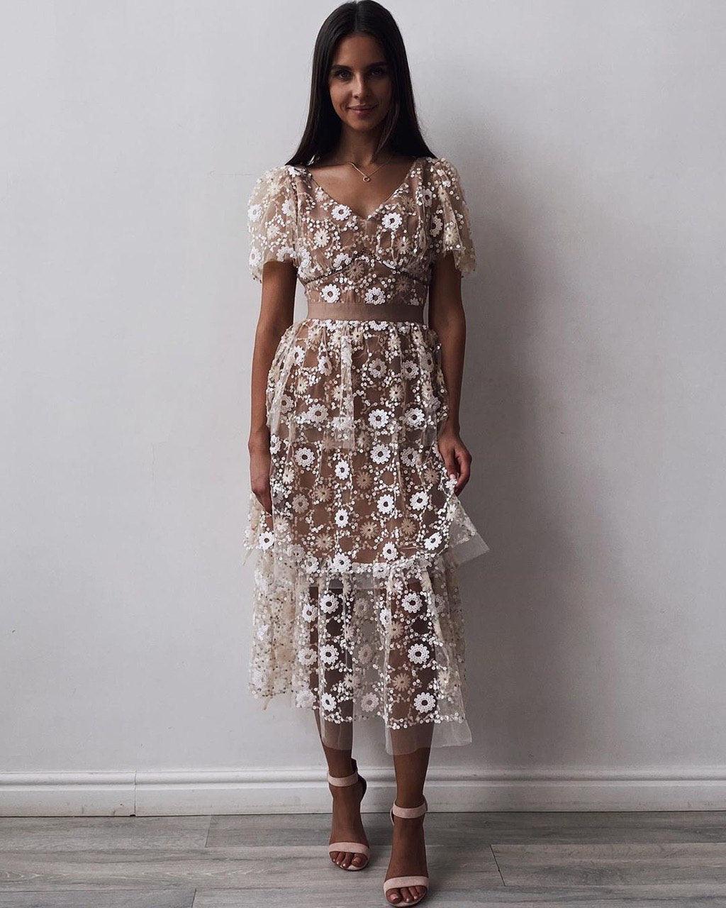 Floral Embroidered Tulle Midi Dress - Maelle Paris