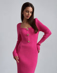 Robe midi côtelée fuchsia