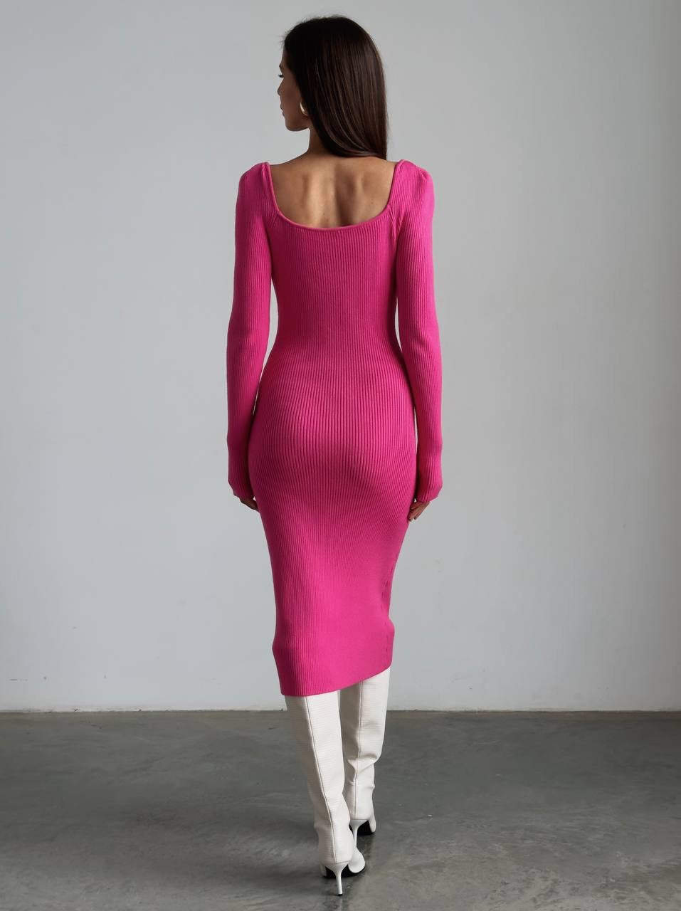 Robe midi côtelée fuchsia