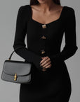 Abito midi nero elegante in maglia a coste