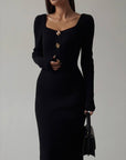 Abito midi nero elegante in maglia a coste