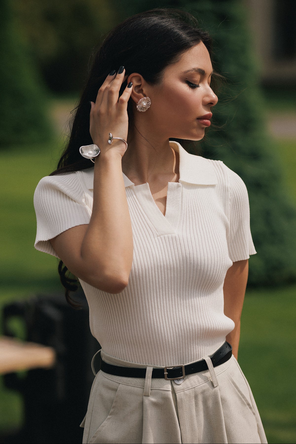 Cream Still Knit Polo Top